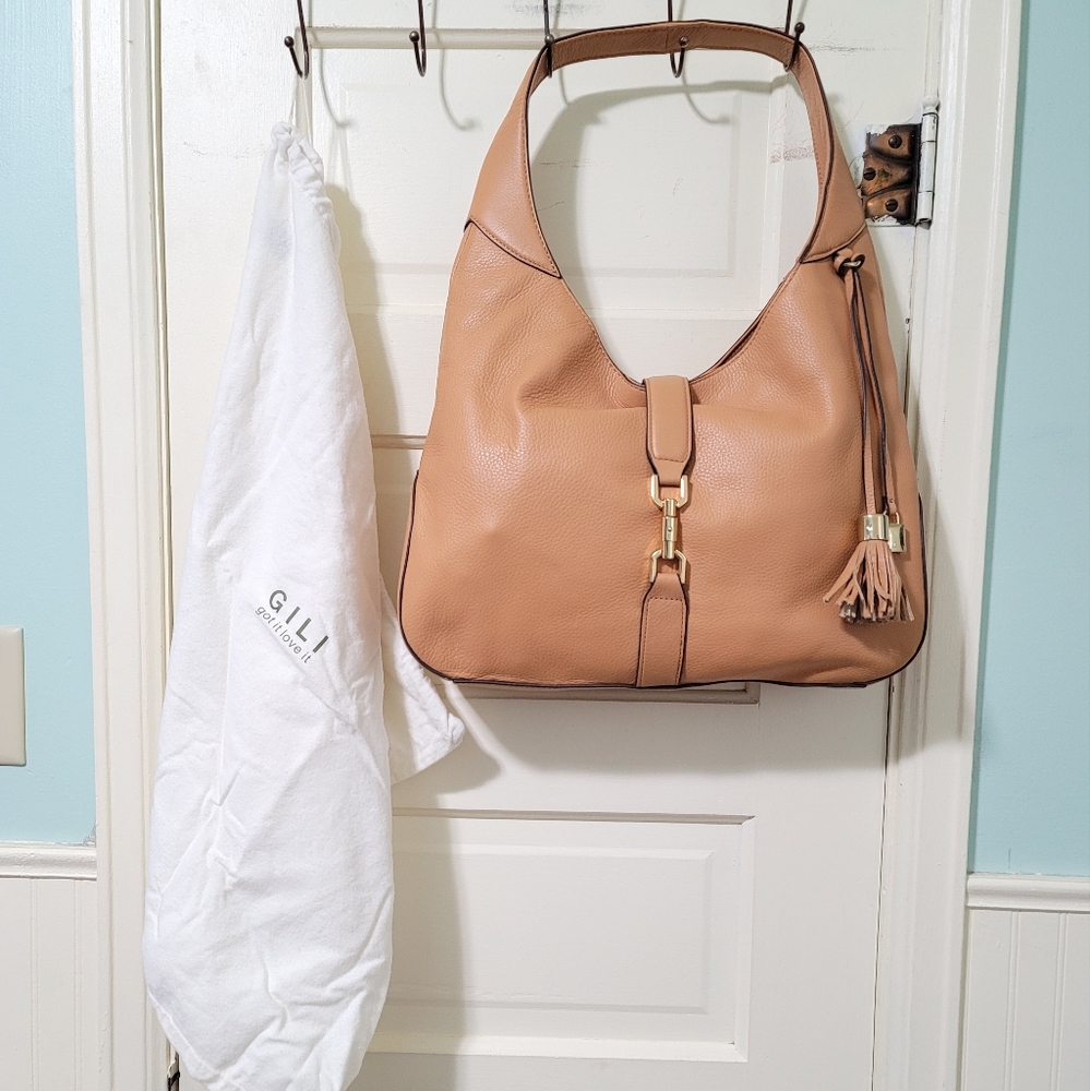 NEW G.I.L.I Terracotta Orange 100% Leather Large Hobo Shoulder Bag Clasp Close